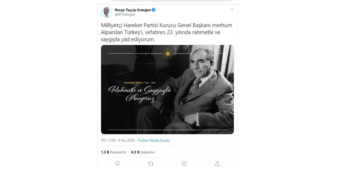 Cumhurbaşkanı Erdoğan’dan, Alparslan Türkeş paylaşımı