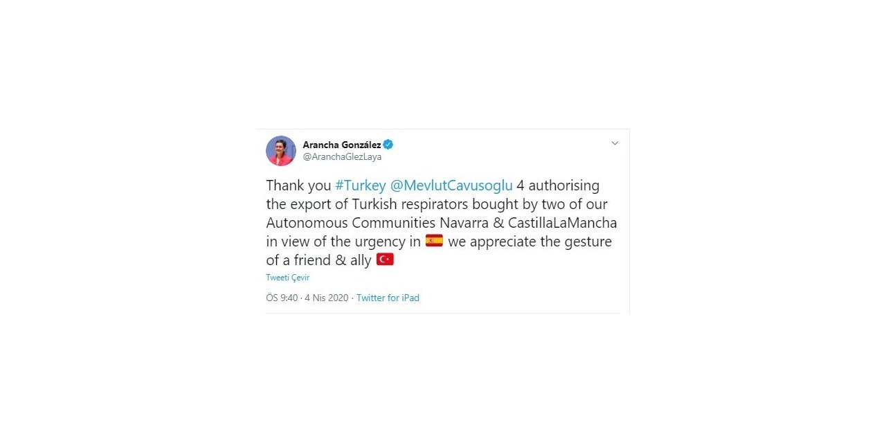 İspanya Dışişleri Bakanı Laya’dan solunum cihazları için Türkiye’ye teşekkür