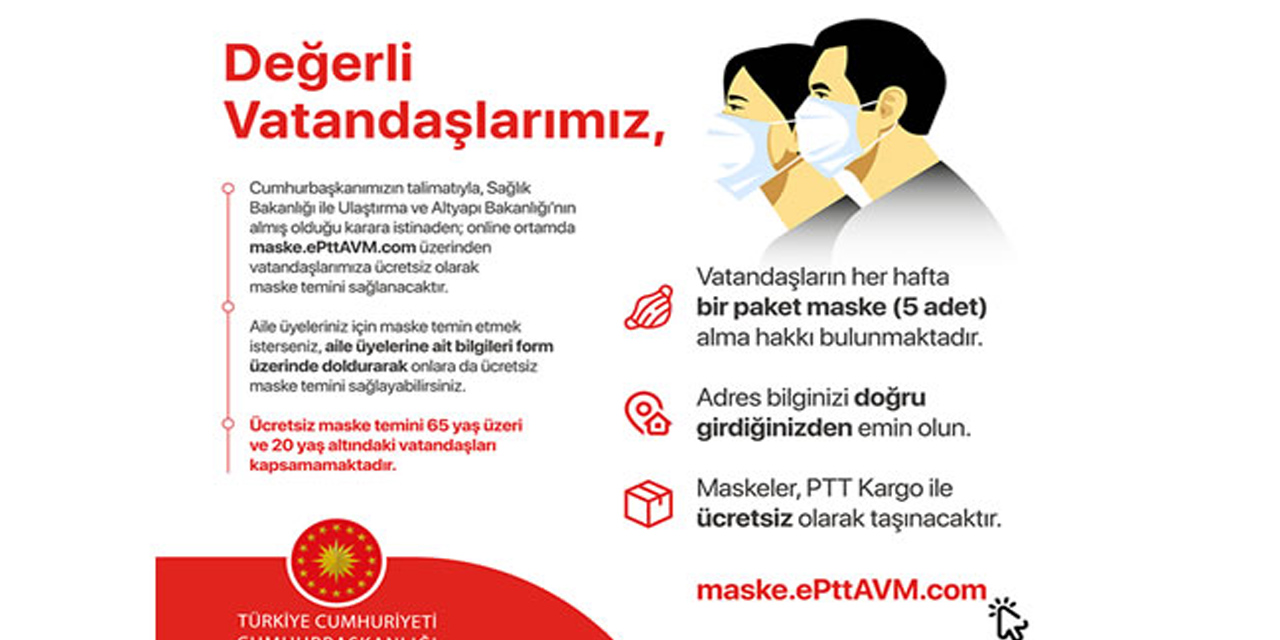 Maskeler, PTT Kargo ile ücretsiz olarak adrese teslim edilecek