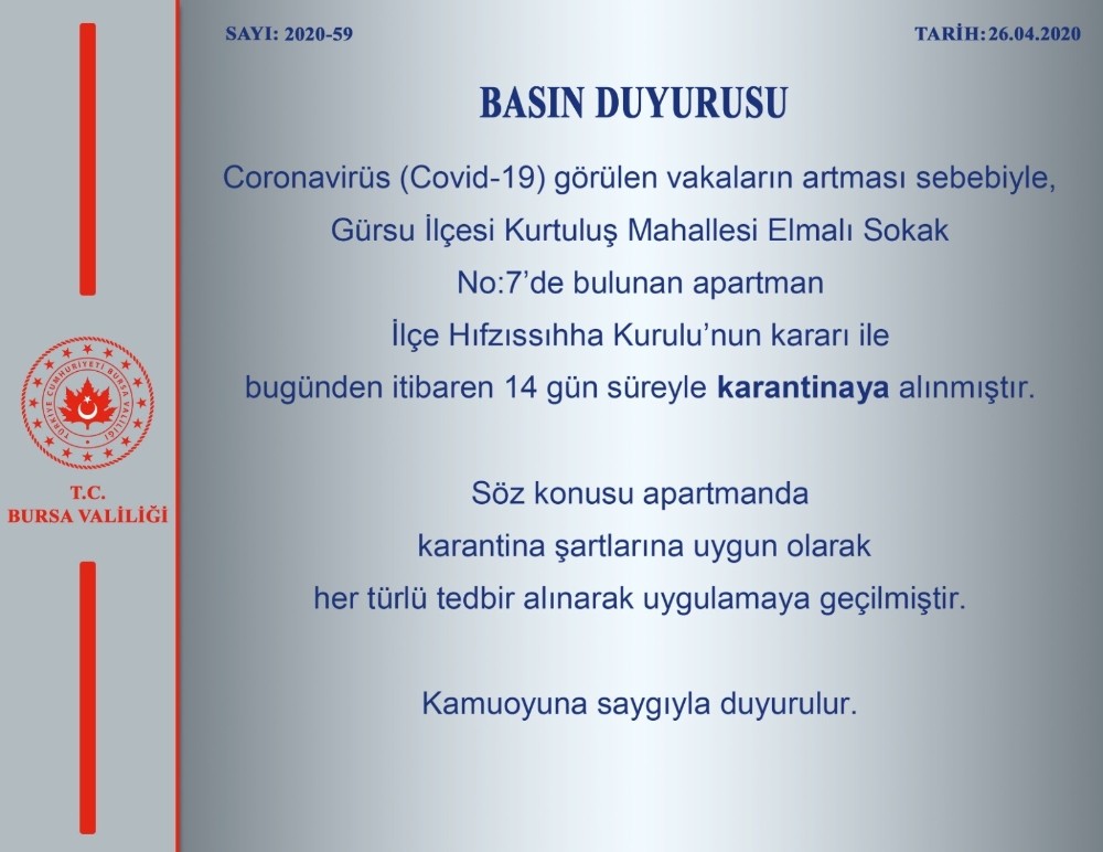 Bursa’da vaka görülen apartman karantinaya alındı