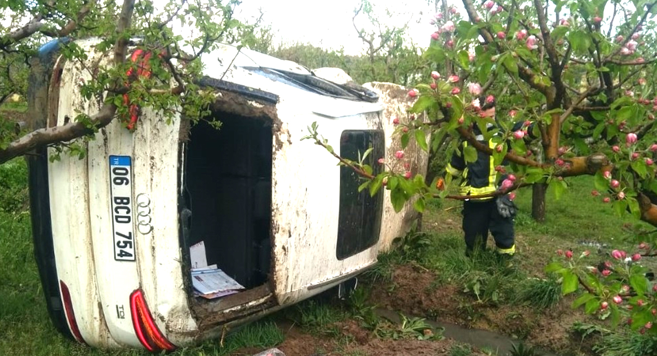 Karaman'da kontolü kaybeden araç elma bahçesine daldı