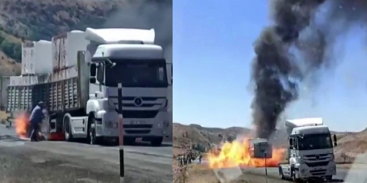 Tekerleği tutuşan tırda iki kez patlama meydana geldi! Dorsesi alev alev yandı