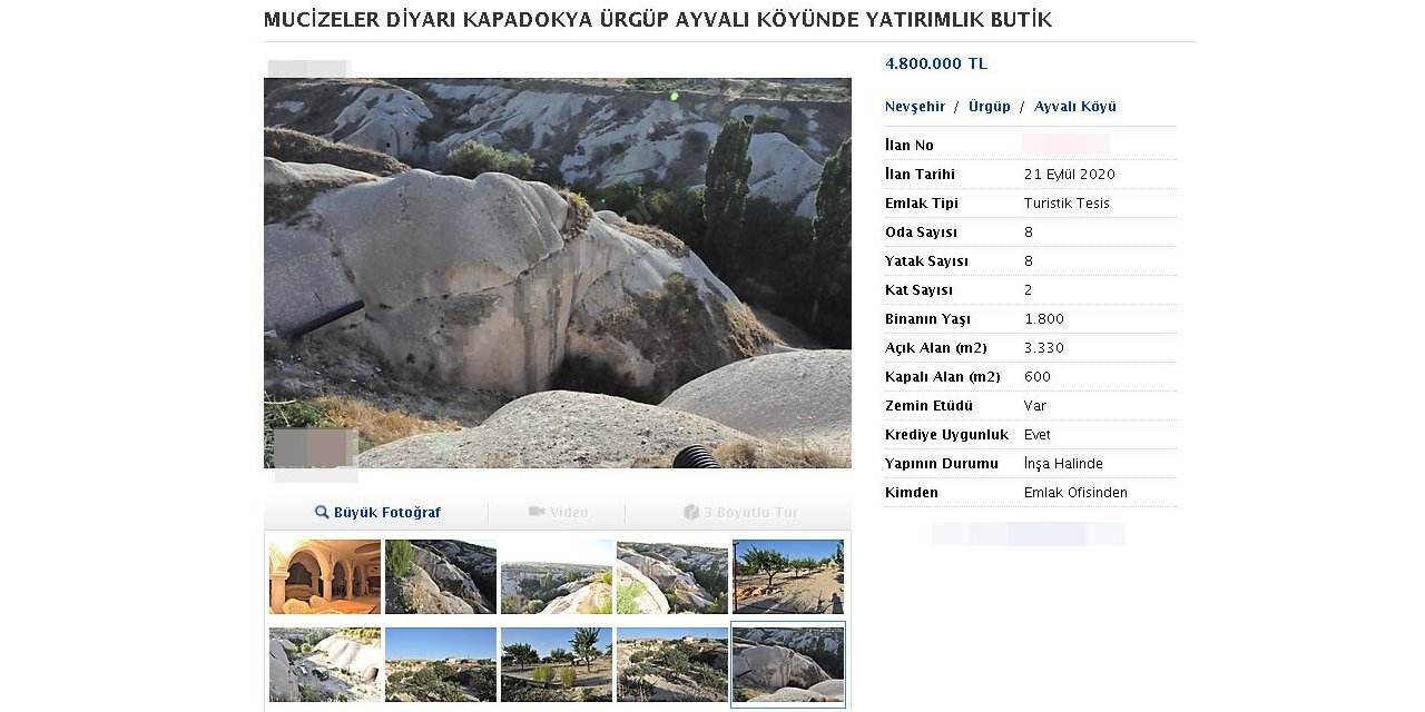 Kapadokya’da pes dedirten görüntü: Kayalar oyuldu, ‘butik otel’ olarak satışa sunuldu