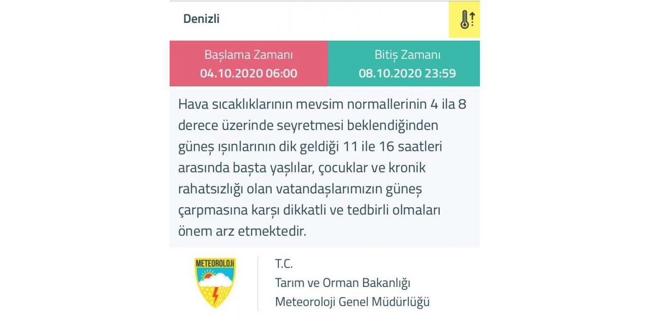 Meteoroloji Genel Müdürlüğünden Denizli için güneş çarpması uyarısı
