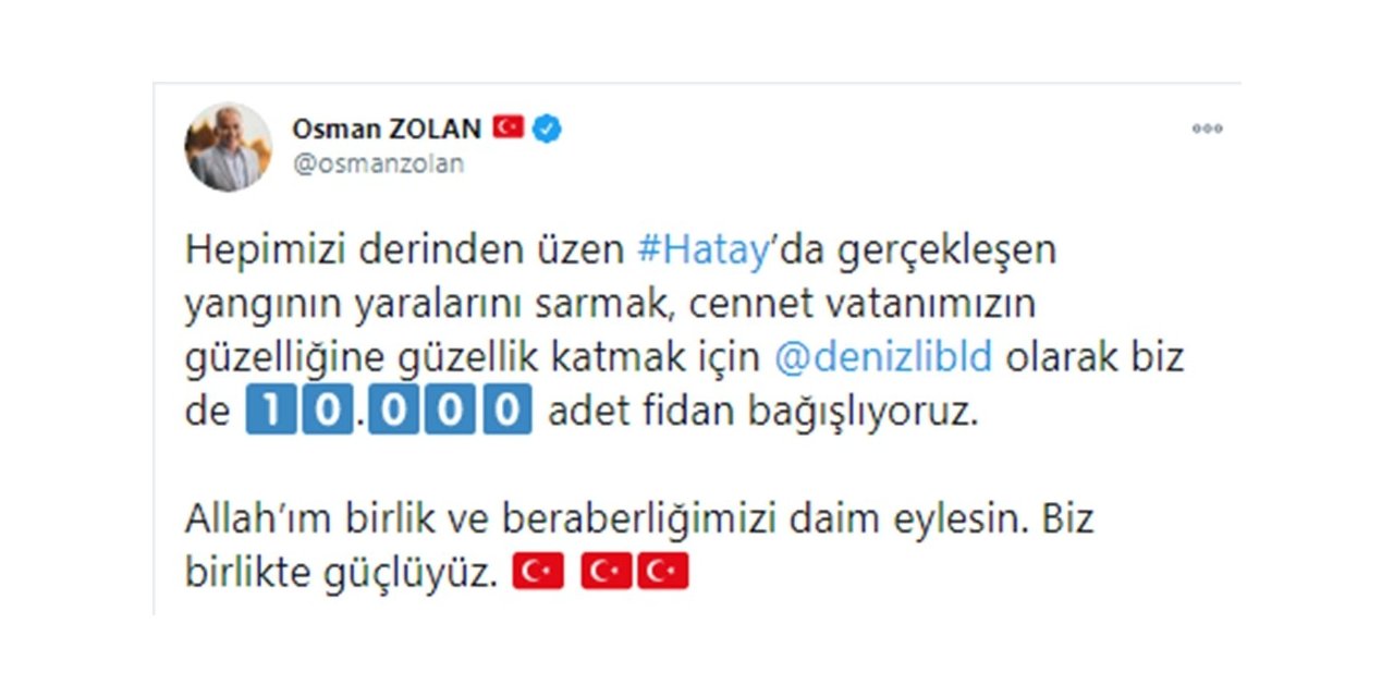 Başkan Zolan’dan Hatay’a 10 bin nefes