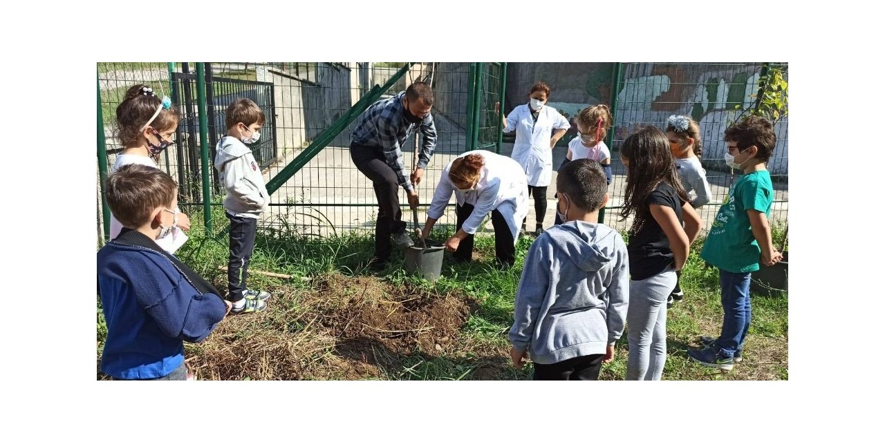 Minik elleriyle fidanları toprakla buluşturdular