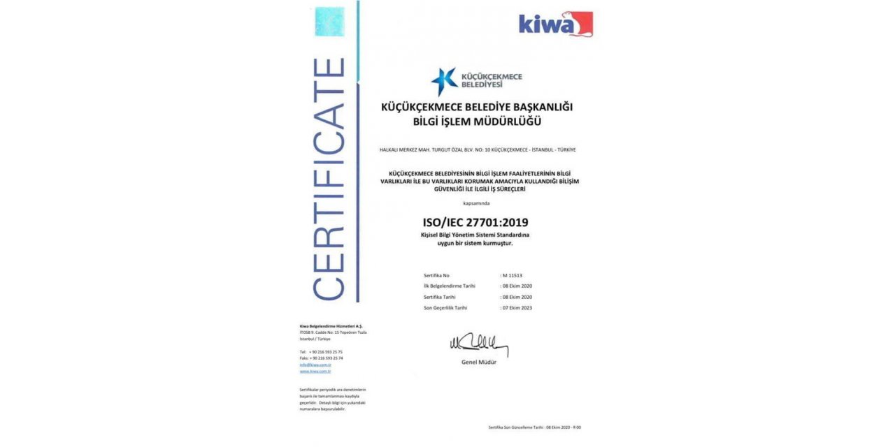 Küçükçekmece Belediyesine ISO 27701 sertifikası