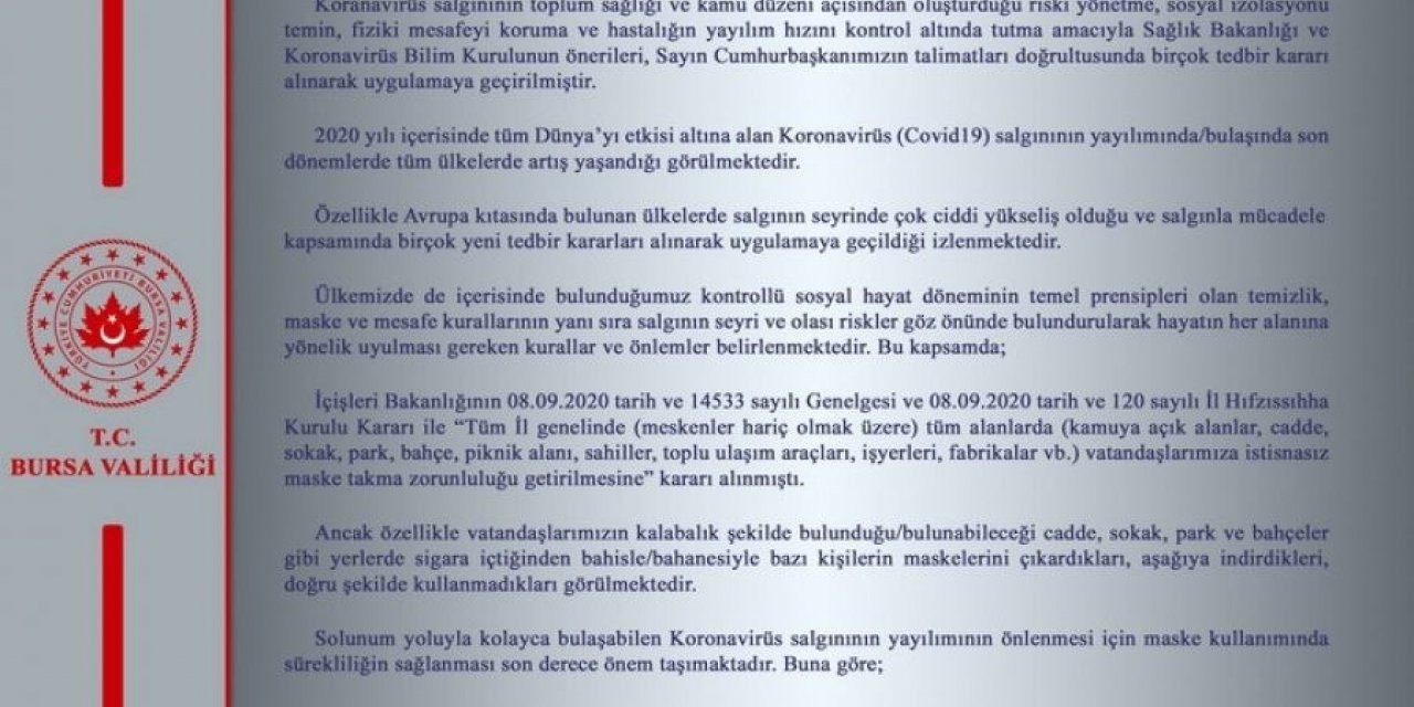 Bursa Valiliği’nden İl Hıfzıssıhha Kurulu kararı açıklaması