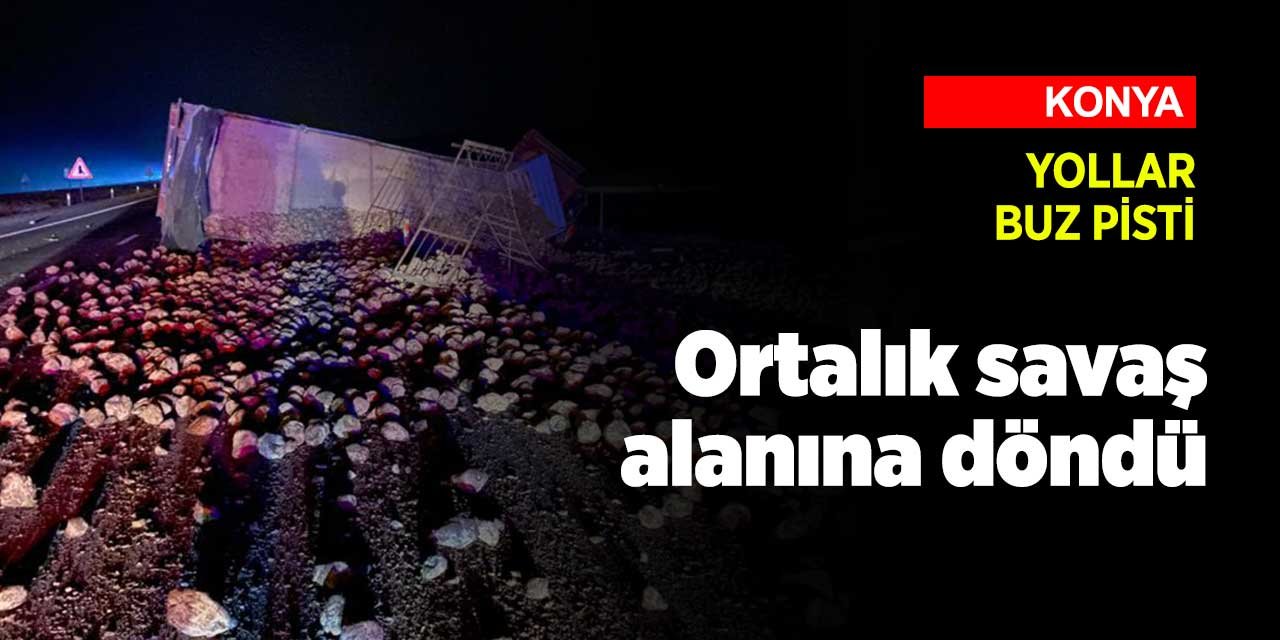 Konya Ilgın'da pancar yüklü TIR devrildi ortalık savaş alanına döndü