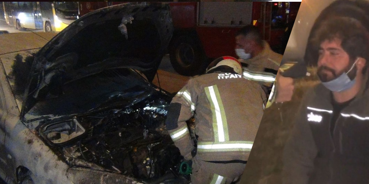 Otomobili yanan sürücü gözyaşlarına boğuldu