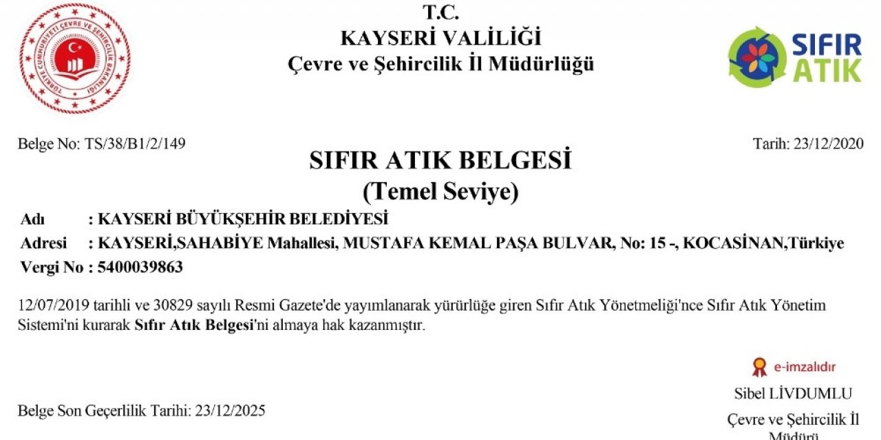 Kayseri Büyükşehir Belediyesi ’Sıfır Atık’ belgesi aldı