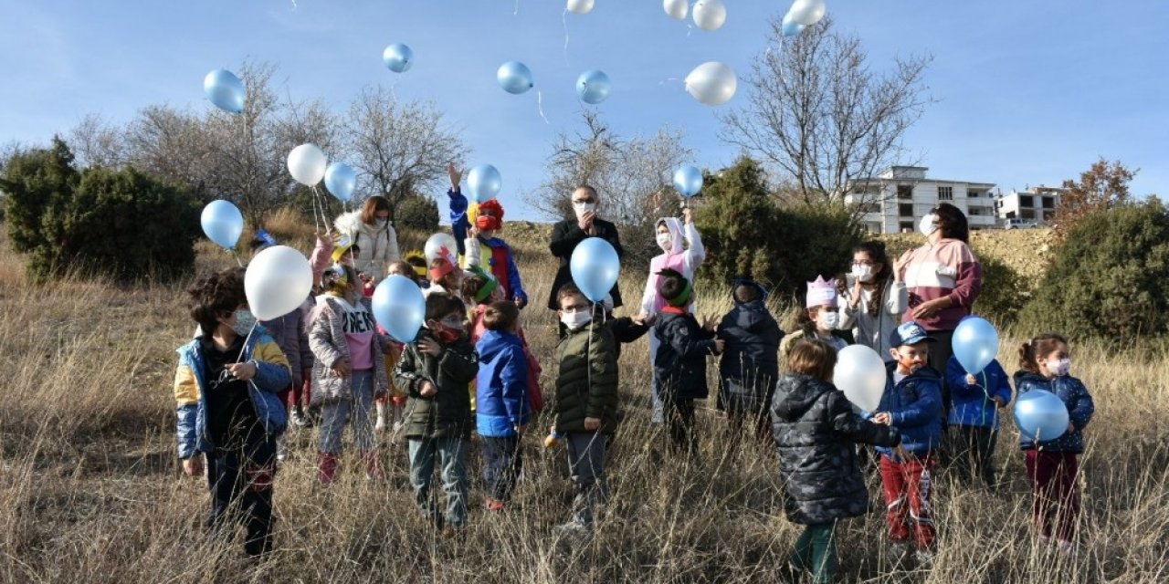 Minikler "Gitsin Korona virüs gelsin güzel doğa" diyerek mavi-beyaz balonları uçurdular