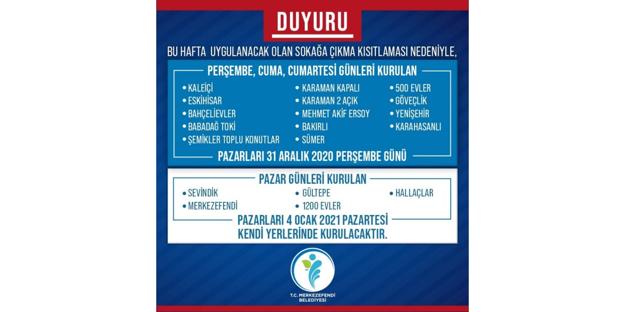 Sokağa çıkma kısıtlaması nedeniyle pazarların günü değişti