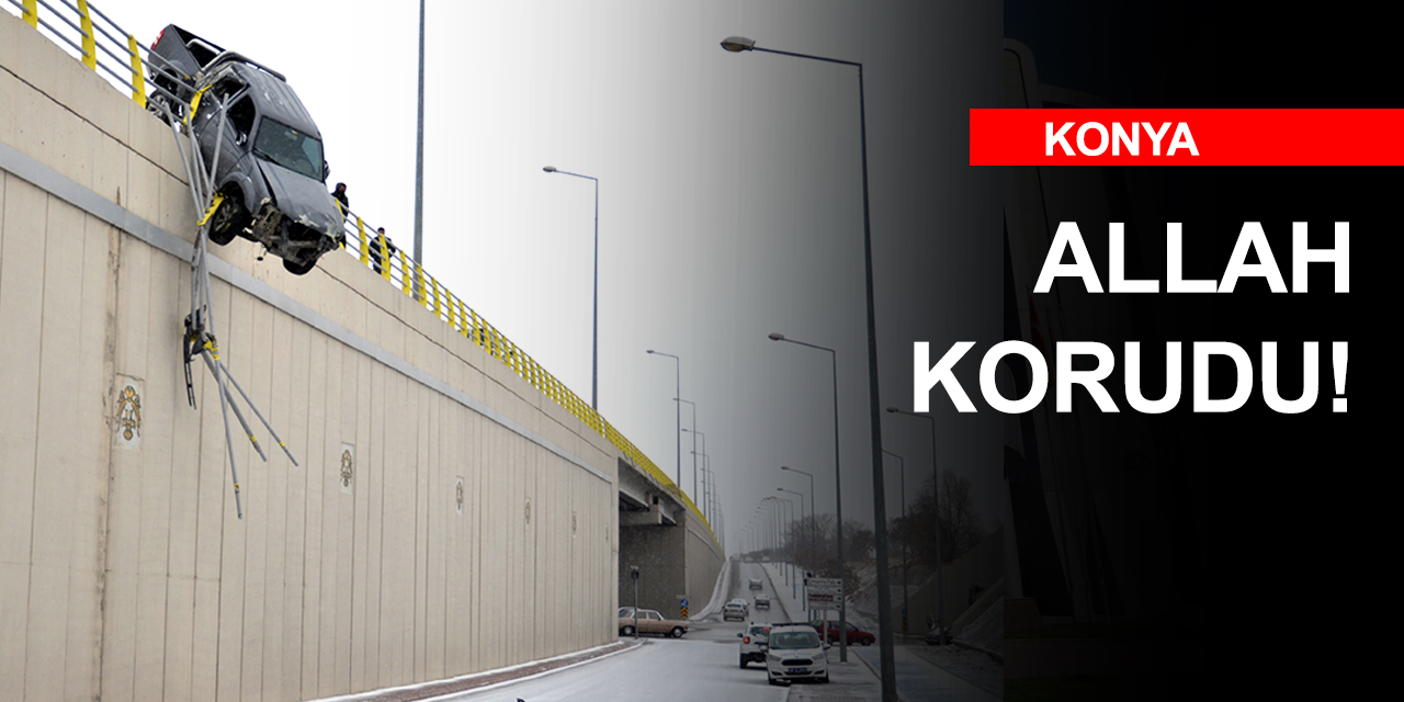Konya'da kaygan zemin faciaya neden oluyordu! Bariyerlere çarpan araç üst geçitte asılı kaldı