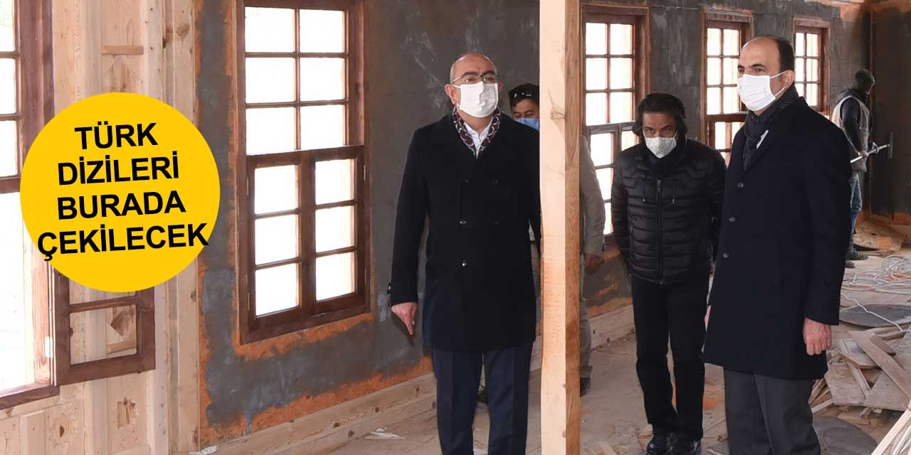 TRT dizilerinin Konya'da çekilecek bölümleri için kurulan plato görüntülendi