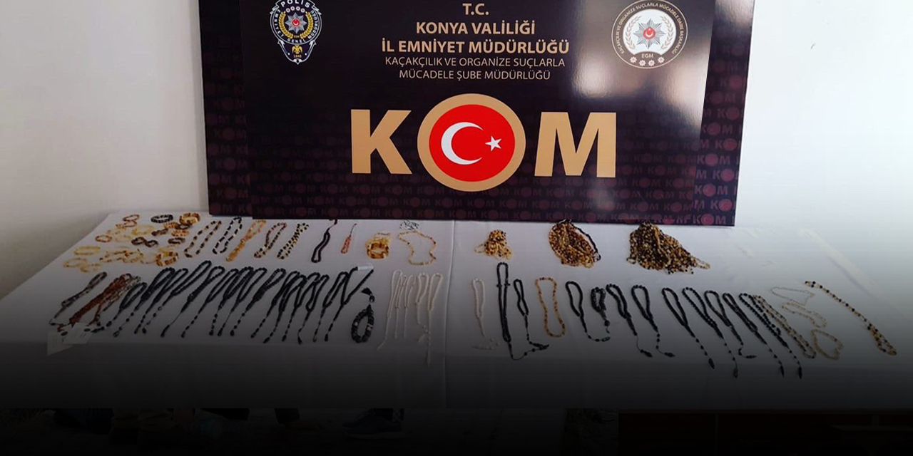 Konya'da bufalo boynuzu ve Caretta caretta kabuğundan takı ve tesbih ele geçirildi