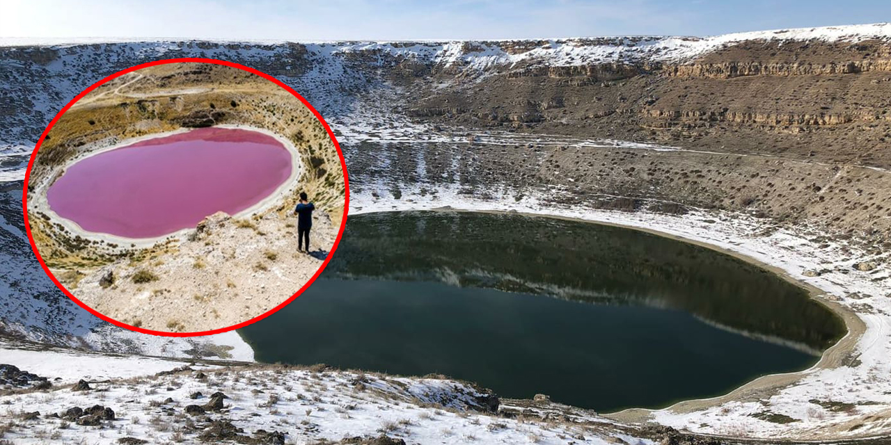 Konya'nın pembe gölü Meyil kar yağışı ile ayrı bir güzelliğe büründü