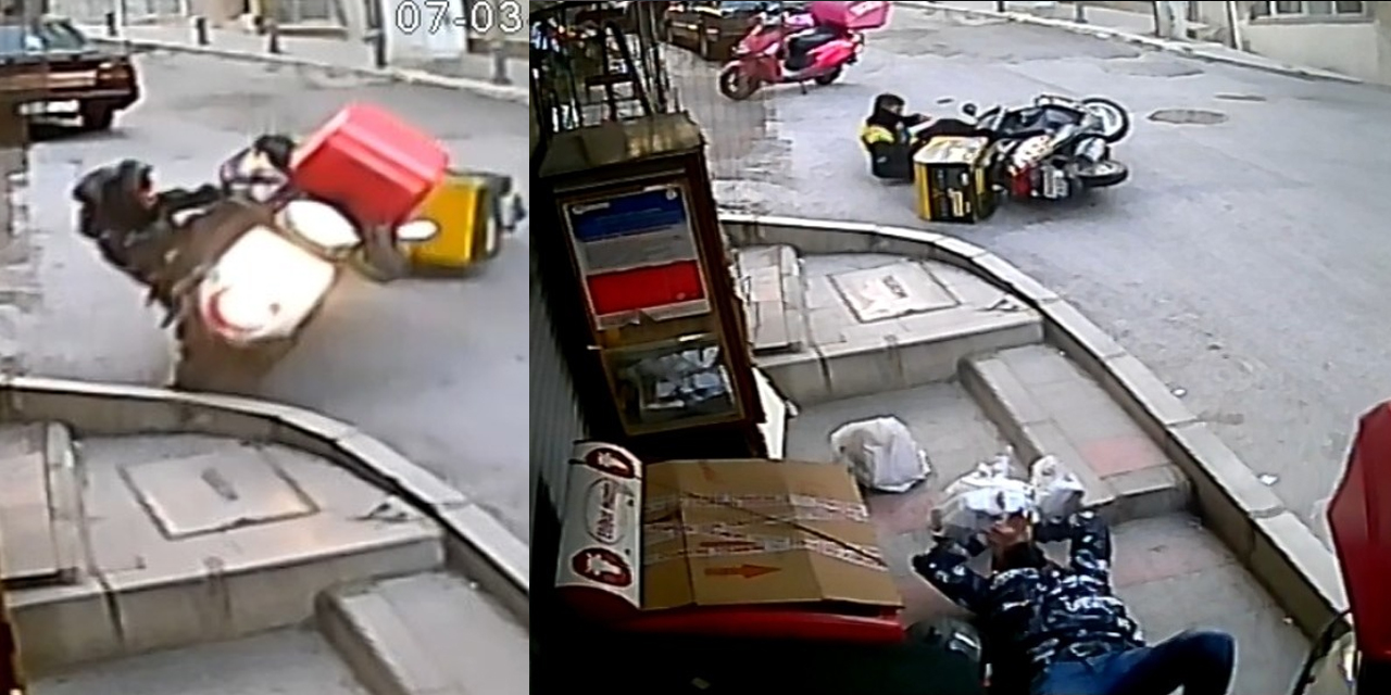Motorlu kuryelerin hayatını kask kurtardı! Feci kaza kameralara yansıdı