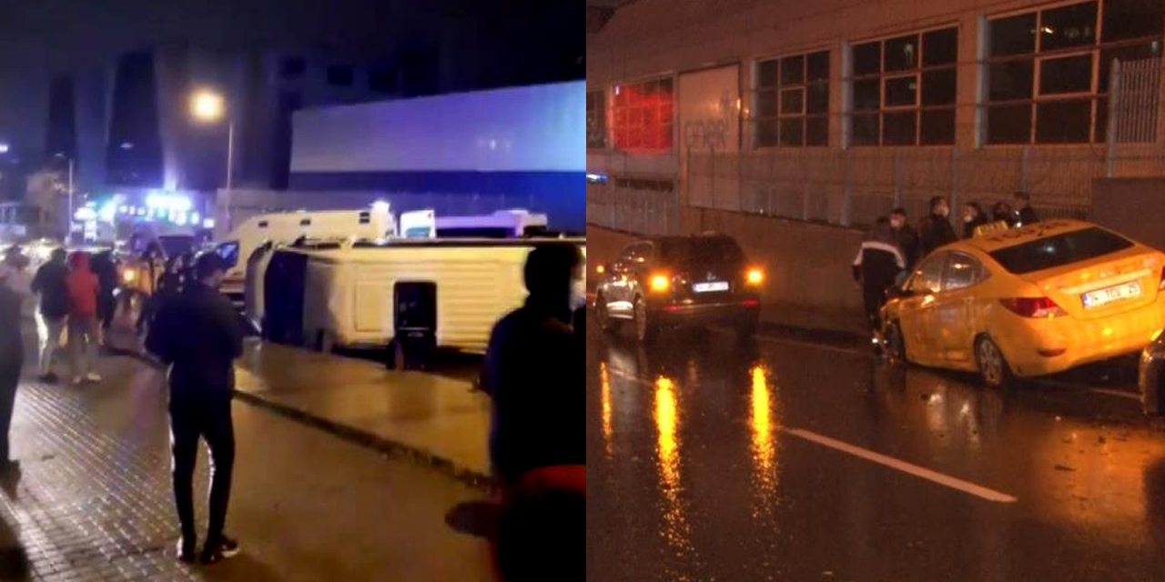 Kazayı görünce ani fren yapan polis minibüsü savrularak yan yattı