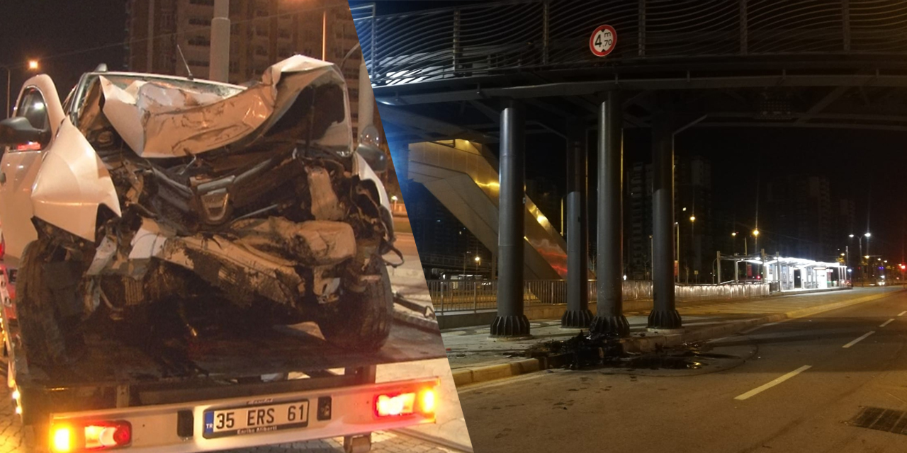 Üst geçidin ayağına çarpan otomobil hurdaya döndü! 1 ağır yaralı