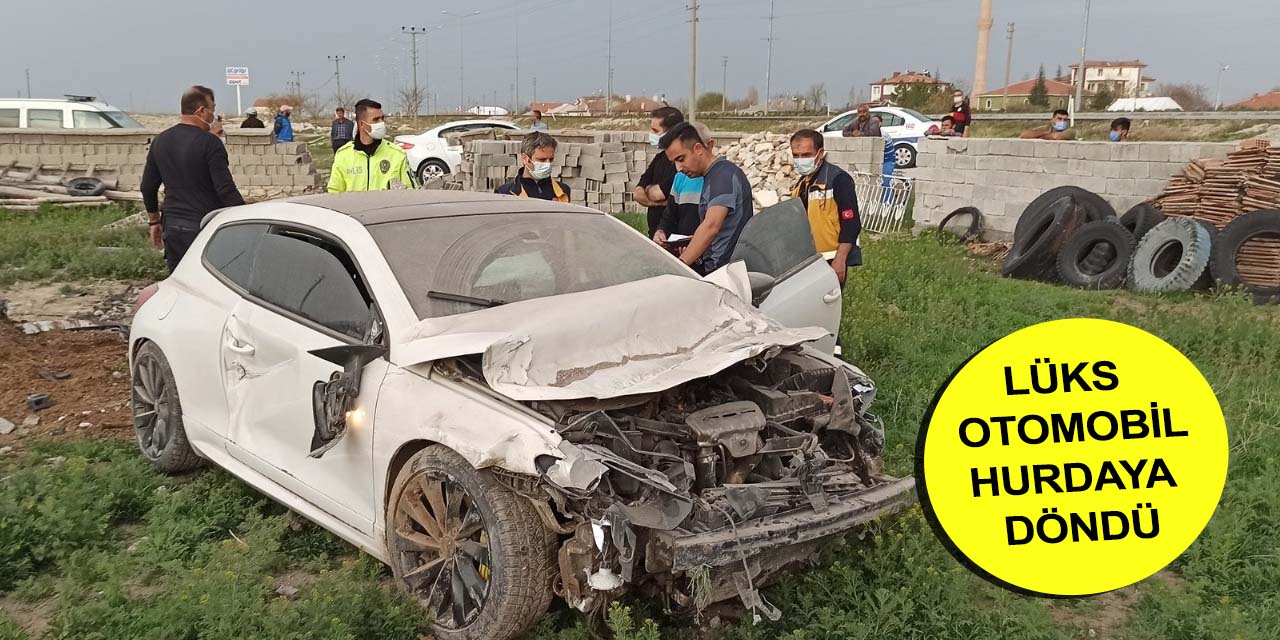 Konya yolunda şarampole uçan otomobil duvarı yıkıp bahçeye girdi