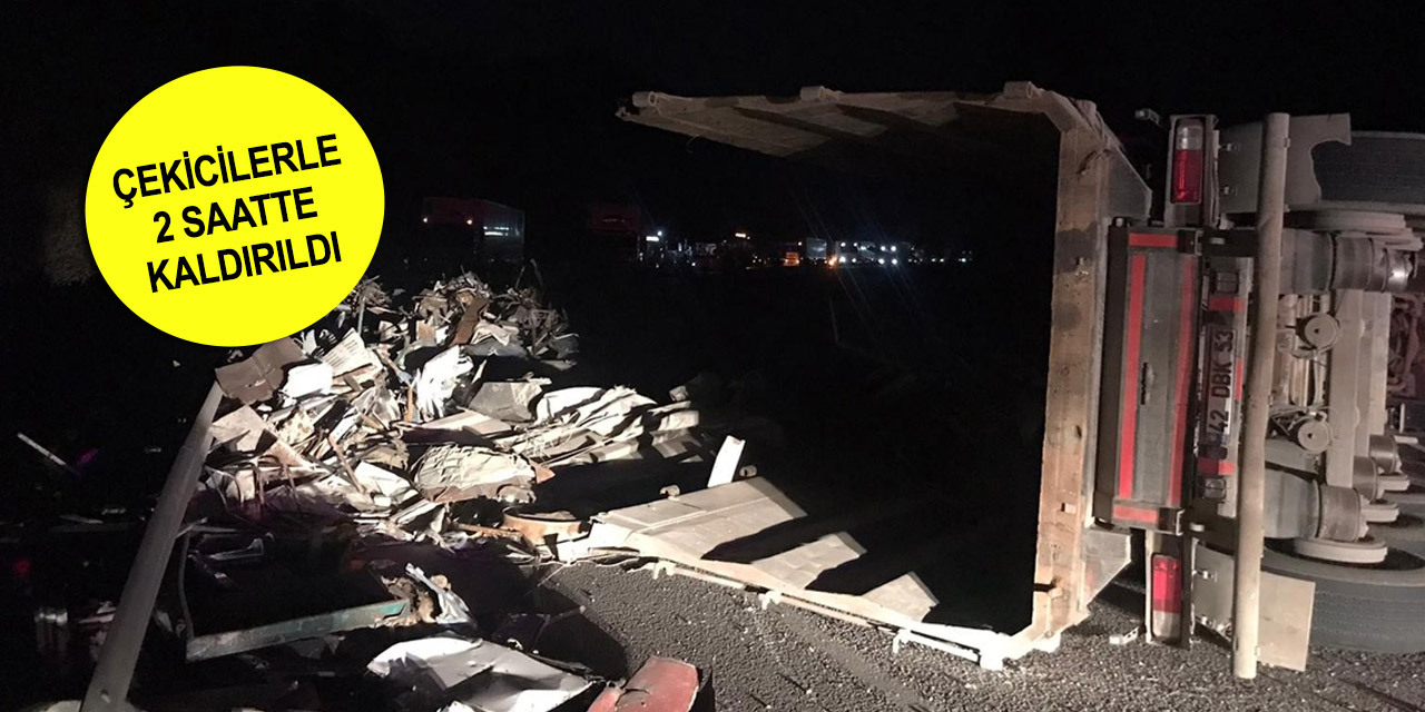 Ankara yolunda karşı şeride geçen Konya plakalı tır devrildi! Hurdalar yola saçıldı