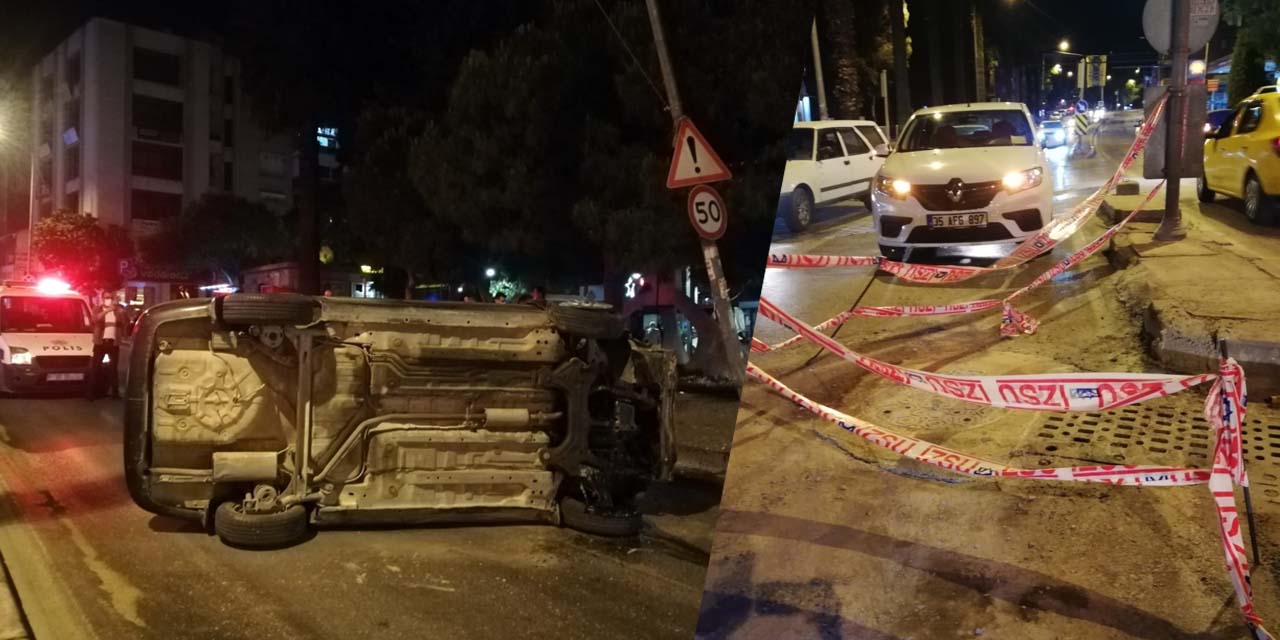 Emniyet şeridini son anda farketti! Aydınlatma direğine çarpan otomobil takla attı