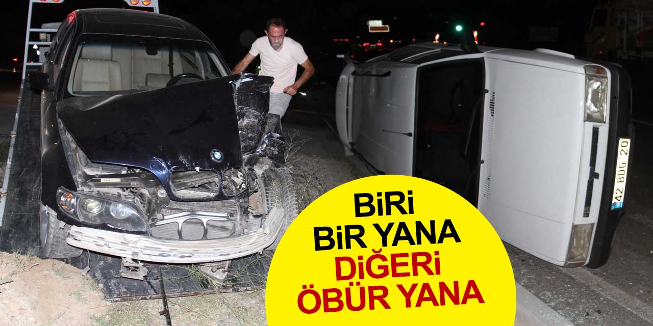 Konya'da aynı şeritte seyreden iki otomobil çarpıştı, ikisi de yoldan çıktı