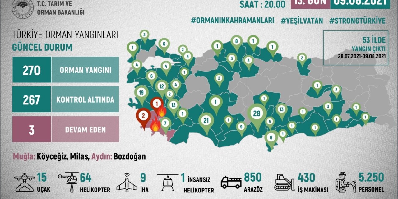 Orman yangınlarında son durum! 270 yangından 267’si kontrol altında