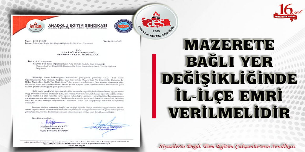 Anadolu Eğitim-Sen: Mazerete bağlı yer değişikliğinde il-ilçe emri verilmeli