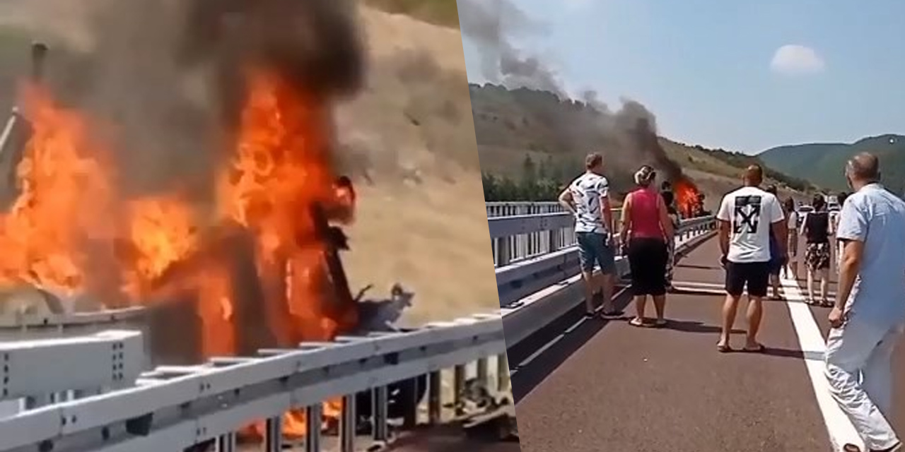 Otoyolda bariyerlere çarpan araç alev alev yandı! 2'si çocuk 3 yaralı yanmaktan son anda kurtuldu