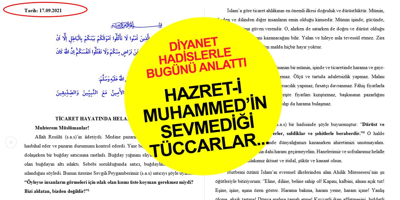 17 Eylül 2021 Cuma Hutbesi yayımlandı! Enflasyona Diyanet ayarı
