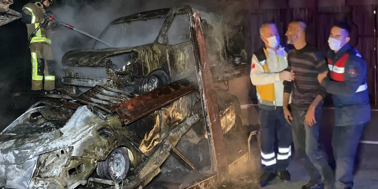 Taşıdığı sıfır araçlar ve TIR alev alev yandı! Sürücü fenalık geçirdi