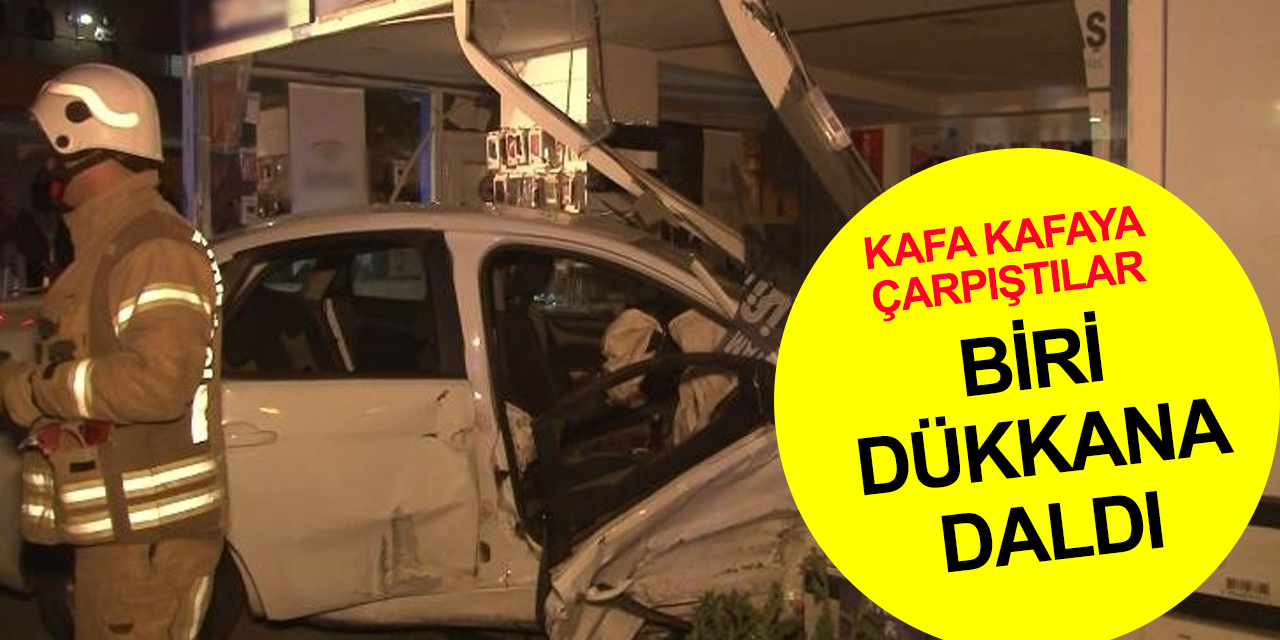 Kafa kafaya çarpışan otomobillerden biri dükkana daldı! 1'i hamile 3 yaralı