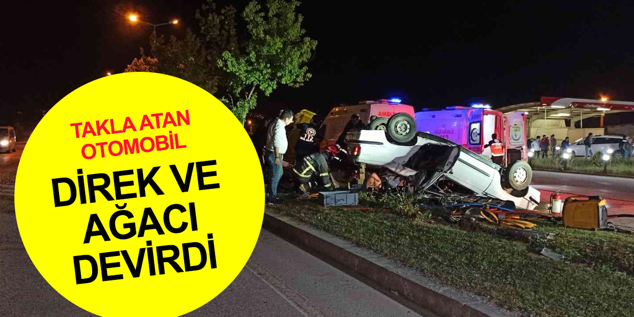 Taklalar atan araç ağaç ve direği devirerek durabildi! 1’i ağır 5 yaralı