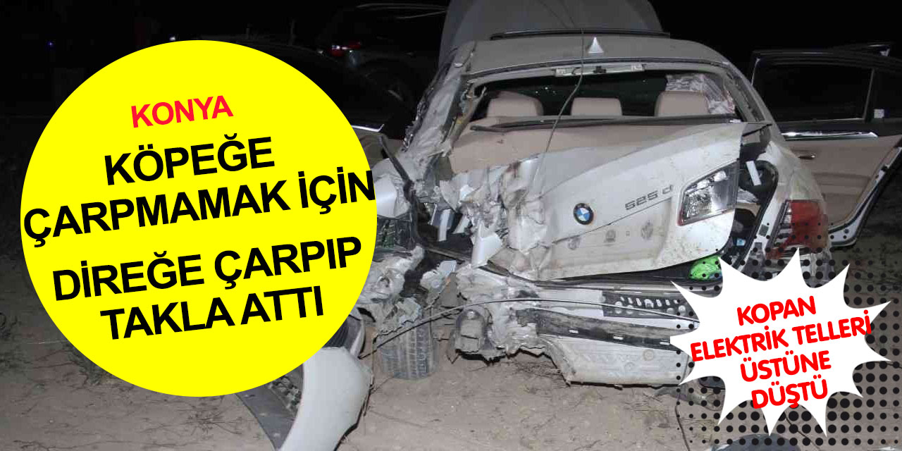 Konya'da dehşete düşüren kaza! Yola fırlayan köpeğe çarpmamak için direğe çarpıp takla attı