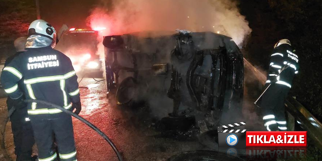 Bariyerlere çarpıp takla atan kamyonet sürüklenerek alev alev yandı! Sürücünün imdadına yoldan geçen polis yetişti