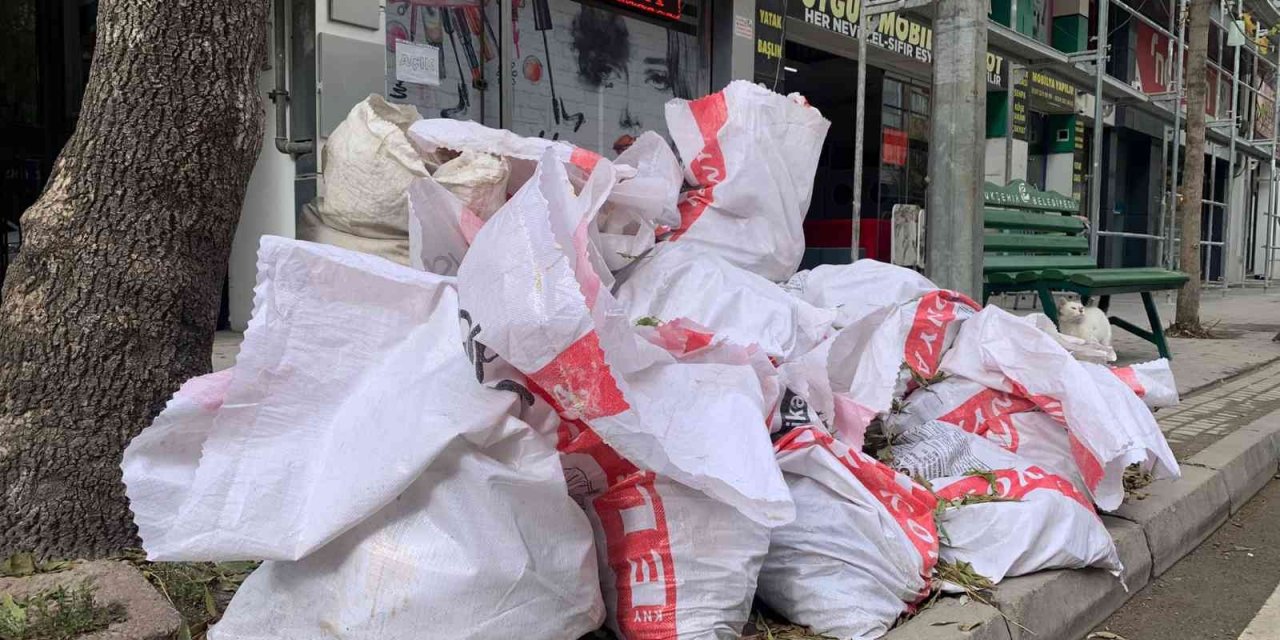 Kaldırıma yığılan hafriyat torbaları geçişi engelliyor