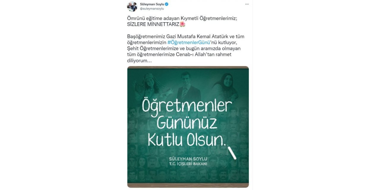 Bakan Soylu’dan Öğretmenler Günü mesajı