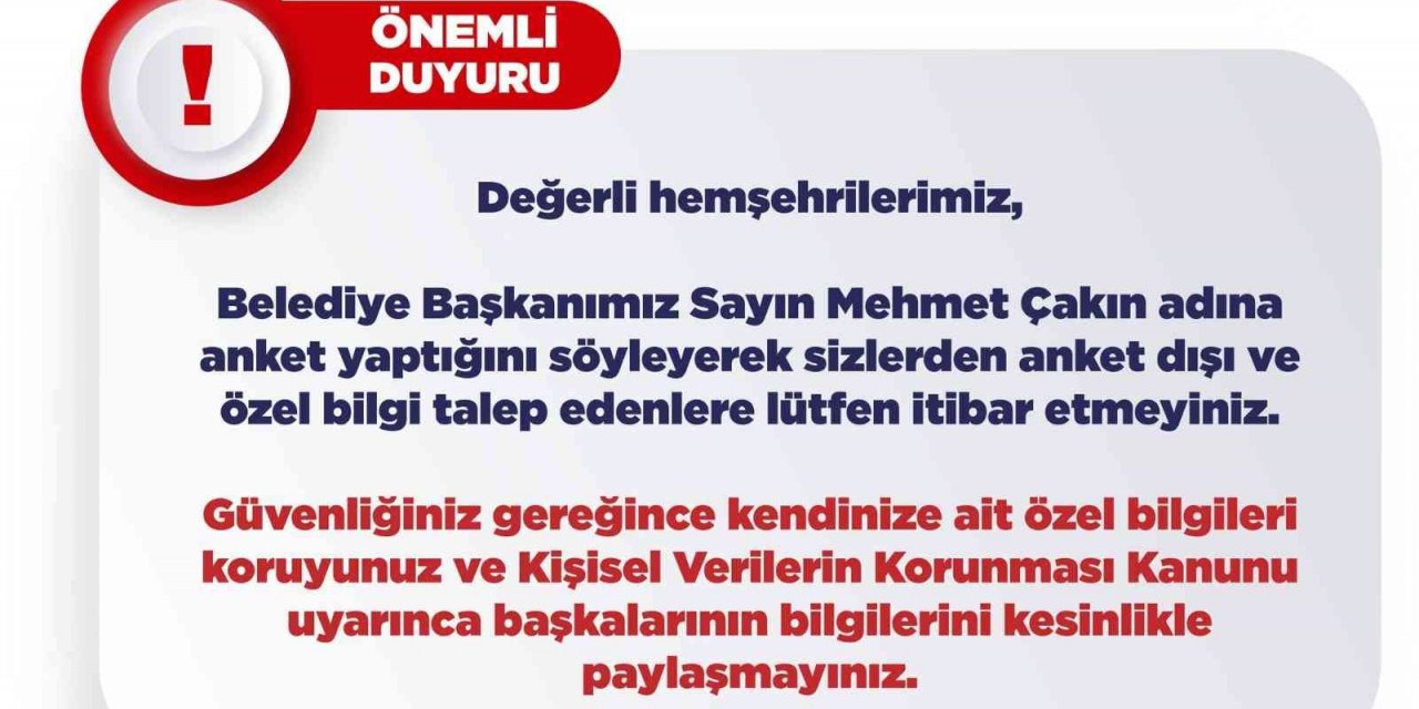 Başkan Çakın’ı bahane ederek bilgilere ulaşan dolandırıcılara dikkat çekildi