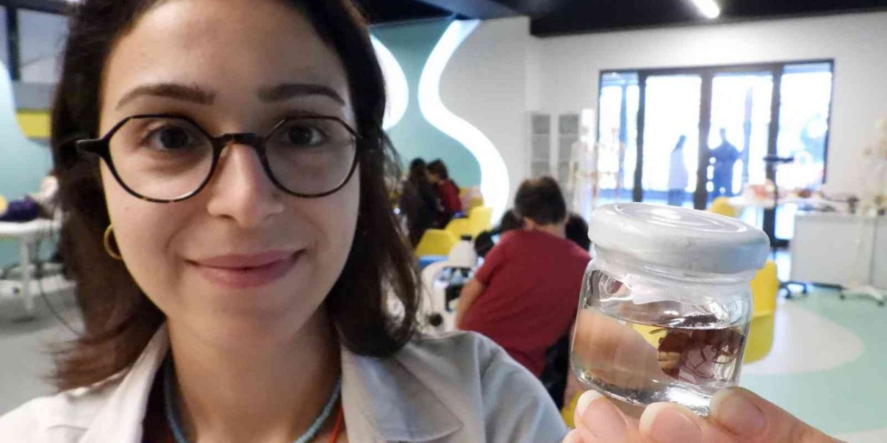 Bilim Merkezinde öğrenciler dokuları inceliyor