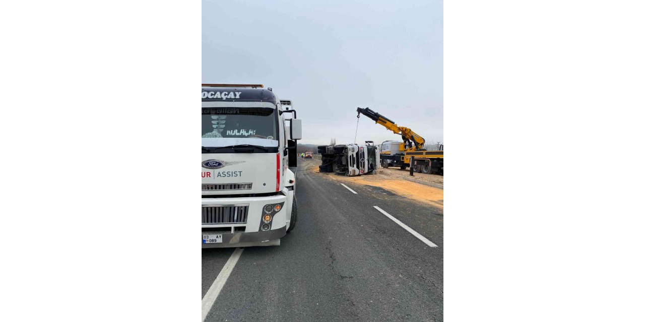 Hayvan yemi yüklü kamyon devrildi