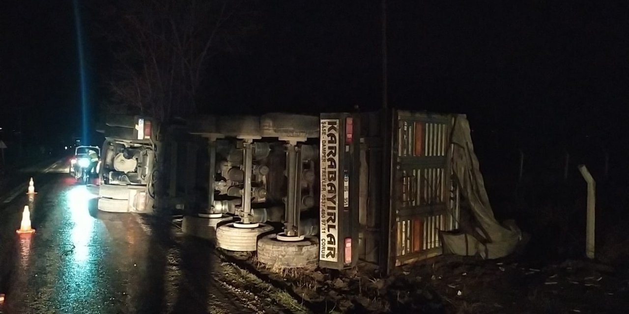 Yem yüklü tır devrildi, sürücü yaralandı