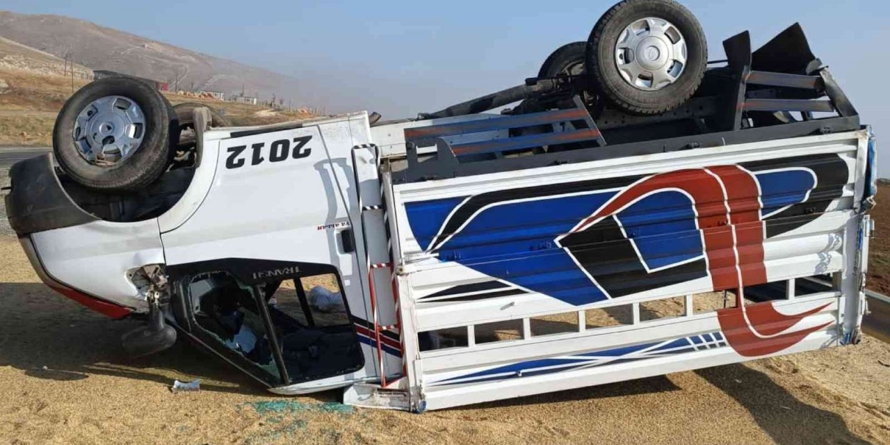 Bariyerlere çarpan kamyonet ters döndü, tahıl yola savruldu