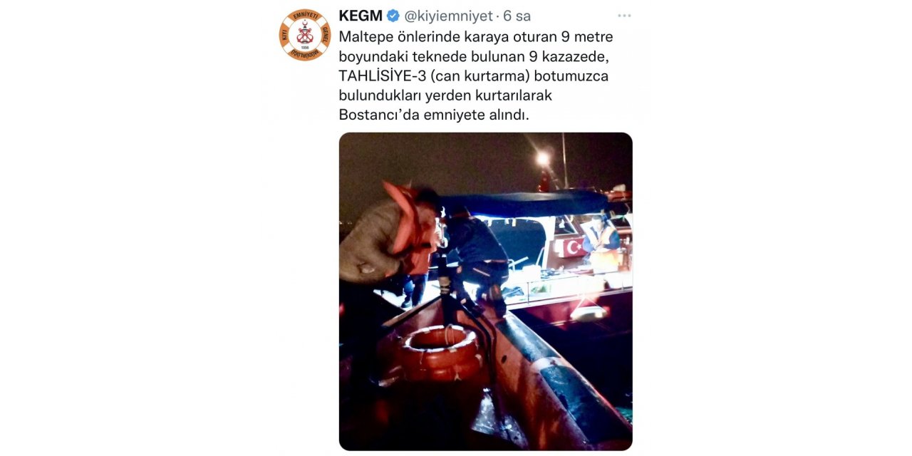 Maltepe’de karaya oturan teknedeki 9 kişi kurtarıldı