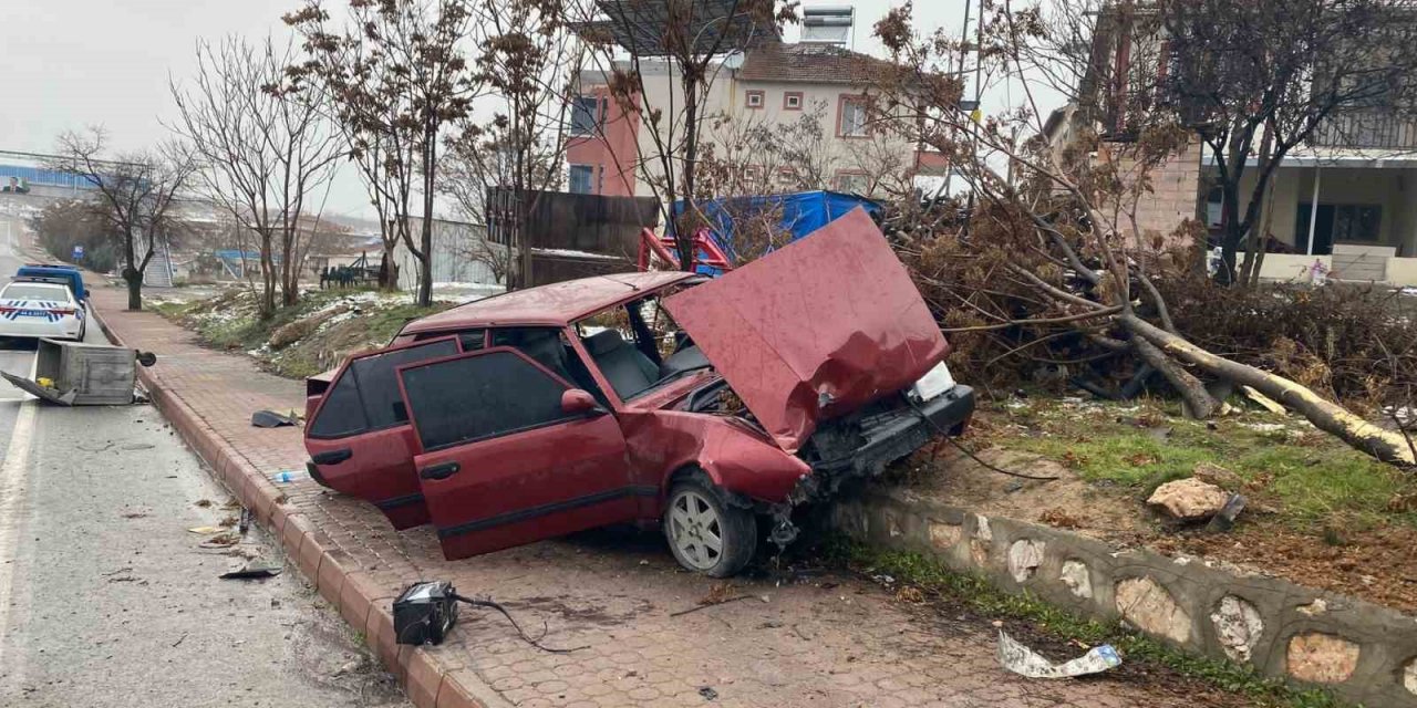 Kontrolden çıkan araç kaldırıma çıkıp ağacı yerinden söktü