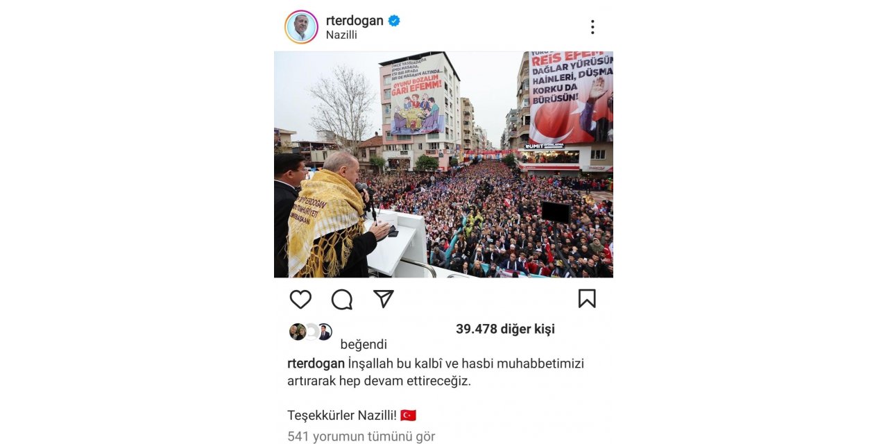 Cumhurbaşkanı Erdoğan’dan Nazilli’ye teşekkür