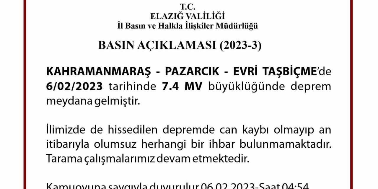 Elazığ Valisi Ömer Toraman: “Şu ana kadar ilimizde herhangi bir yıkım ihbarı almadık”