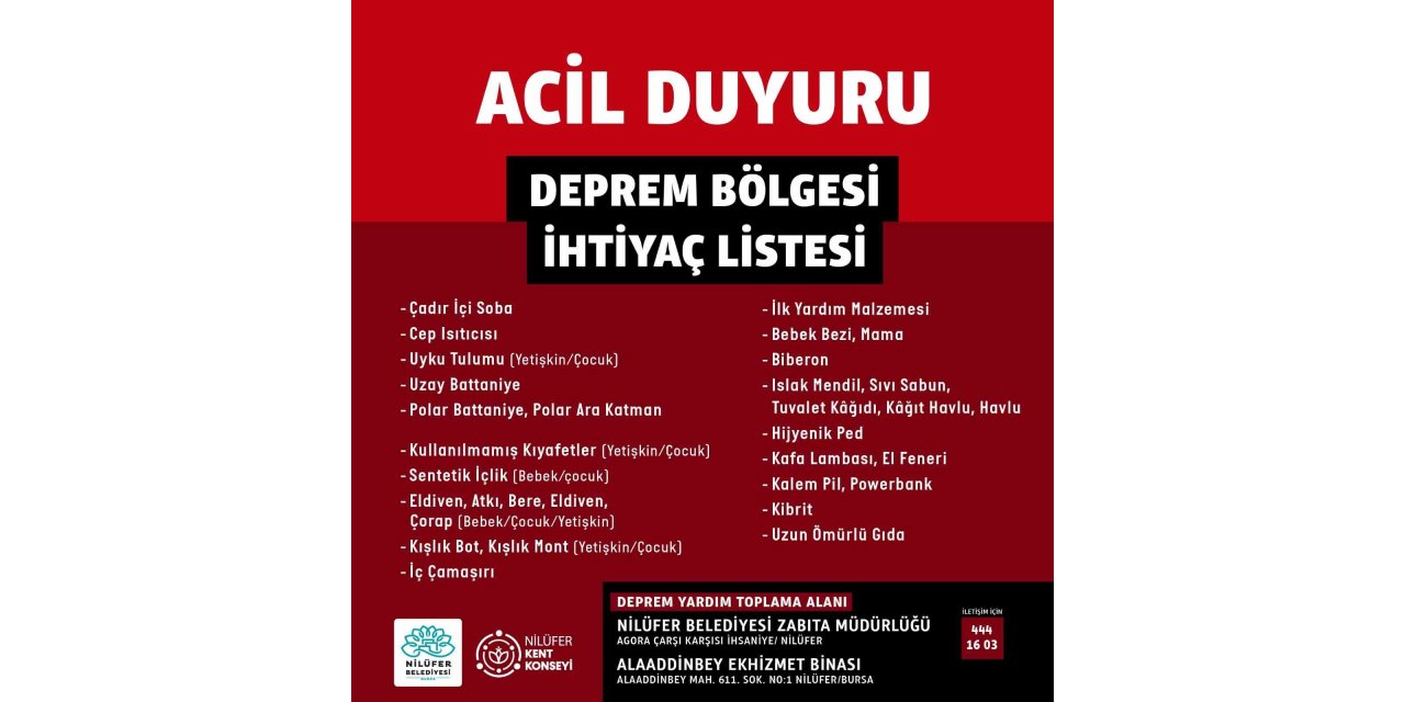 Nilüfer Belediyesi deprem bölgesi için yardım kampanyası başlattı