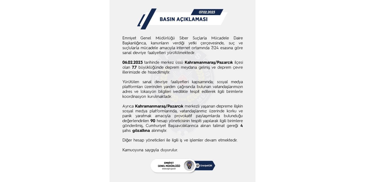 EGM, deprem sonrası provokatif paylaşımlar için harekete geçti: 4 gözaltı